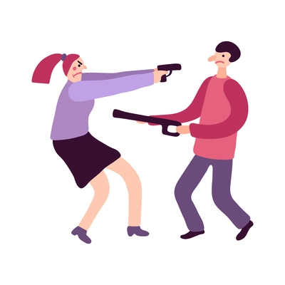 Flat gangsterism concept with people pointing weapons at each other vector illustration