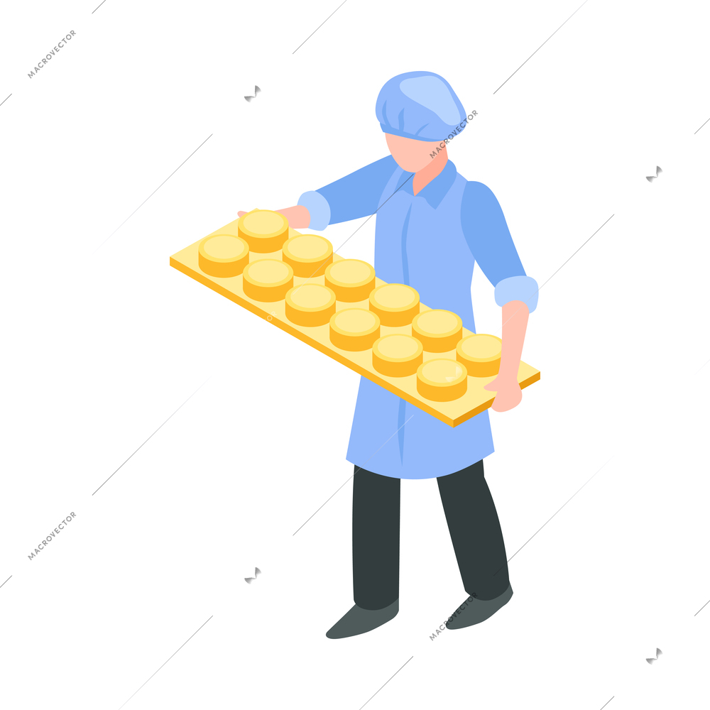 Dairy production isometric icon with factory worker carrying equipment for cheese forming vector illustration