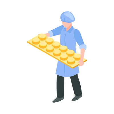 Dairy production isometric icon with factory worker carrying equipment for cheese forming vector illustration