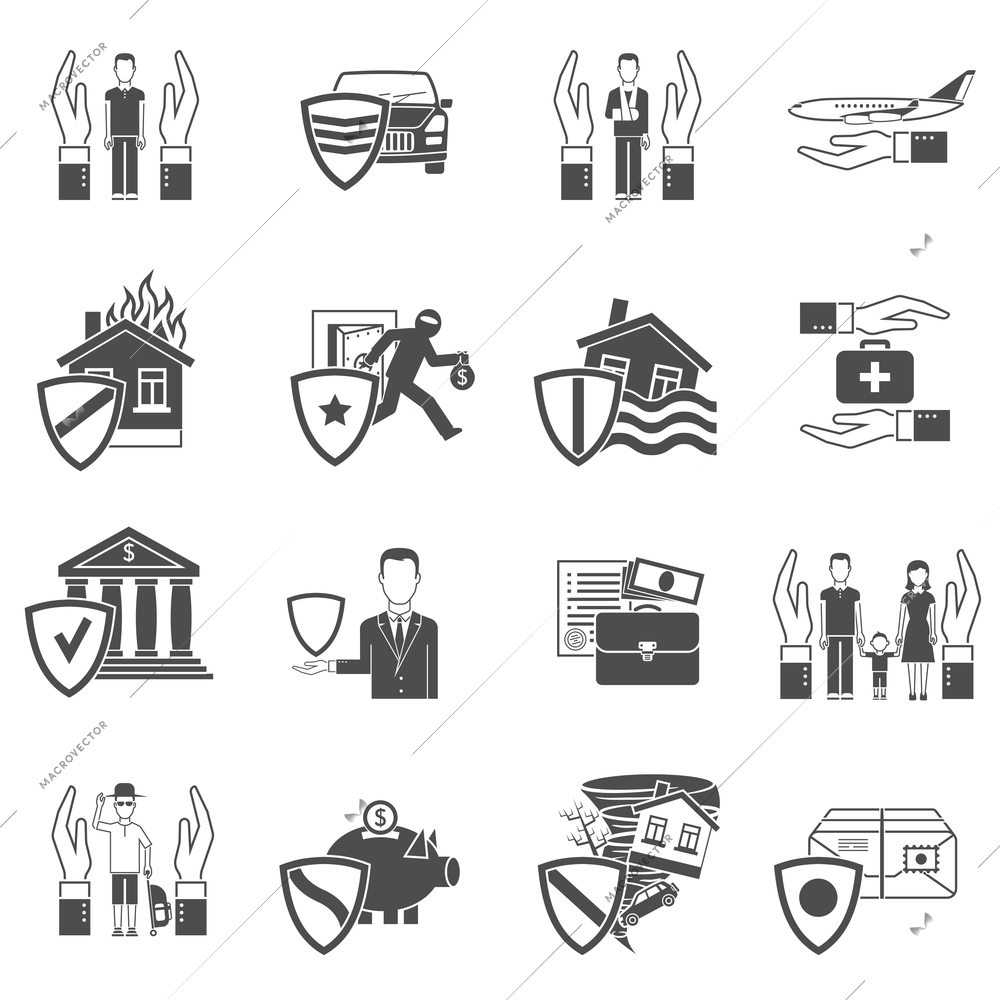 Insurance hand and shield black and white flat icon set isolated vector illustration