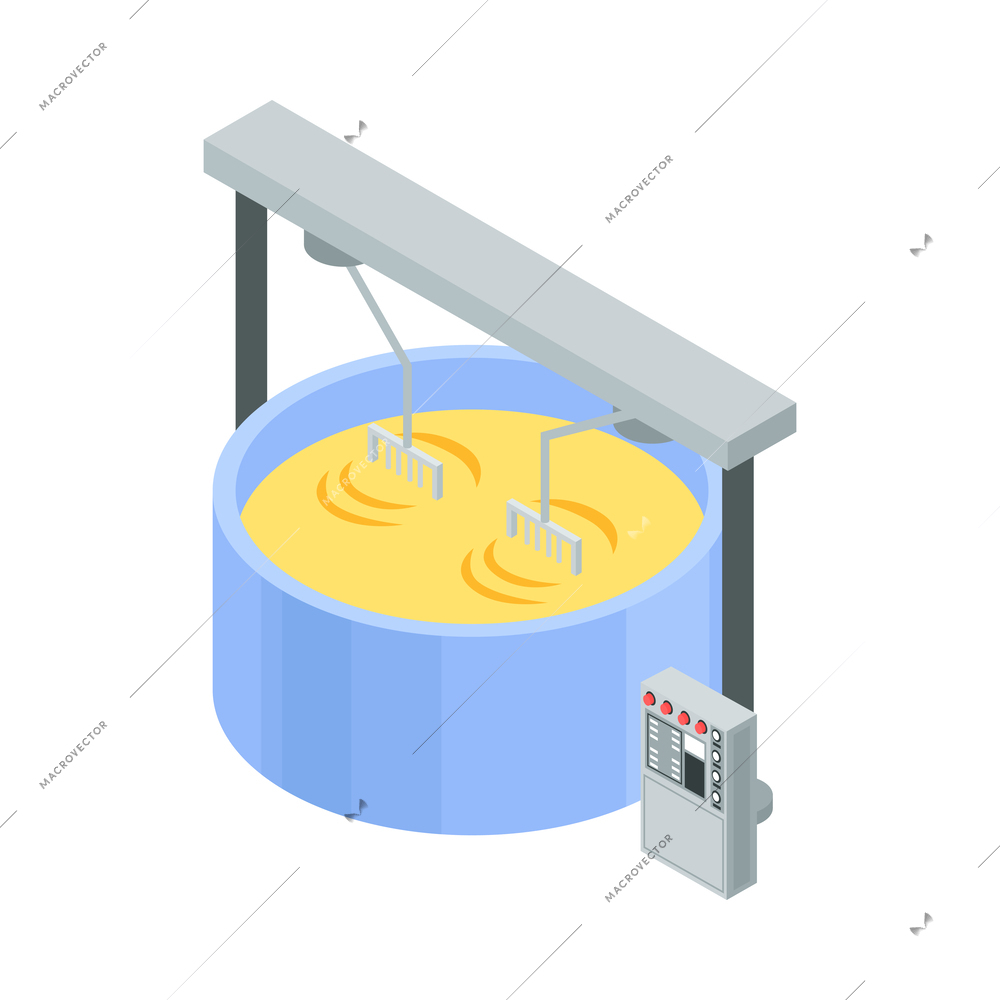 Dairy factory isometric icon with equipment for cheese production 3d vector illustration