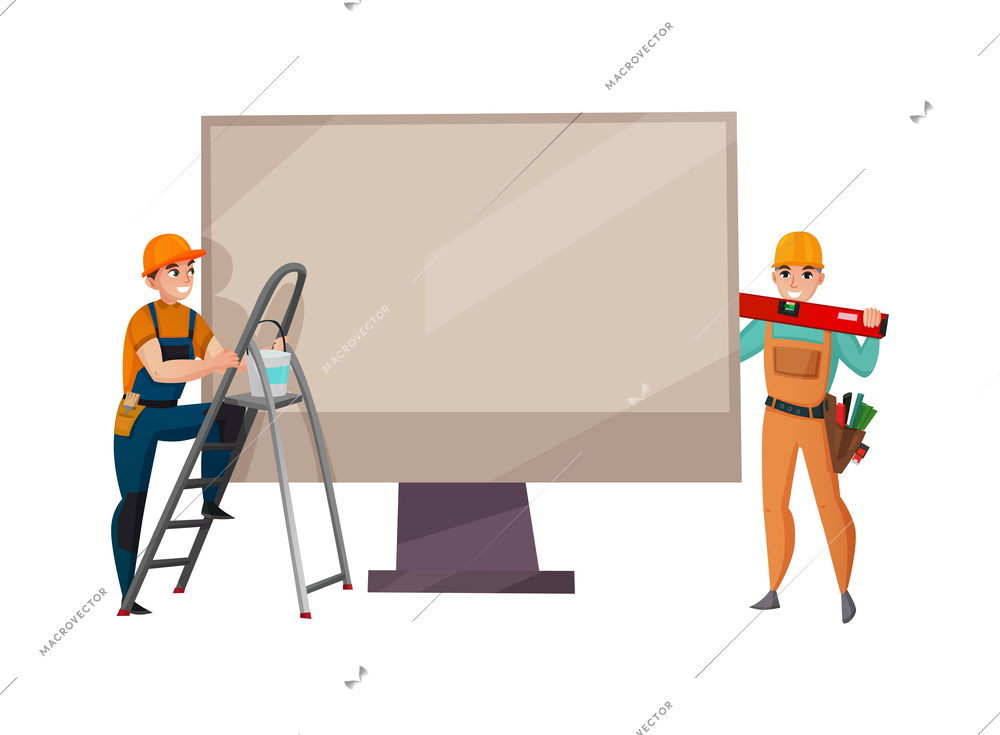 Electronics repair flat concept with two technicians fixing computer monitor vector illustration