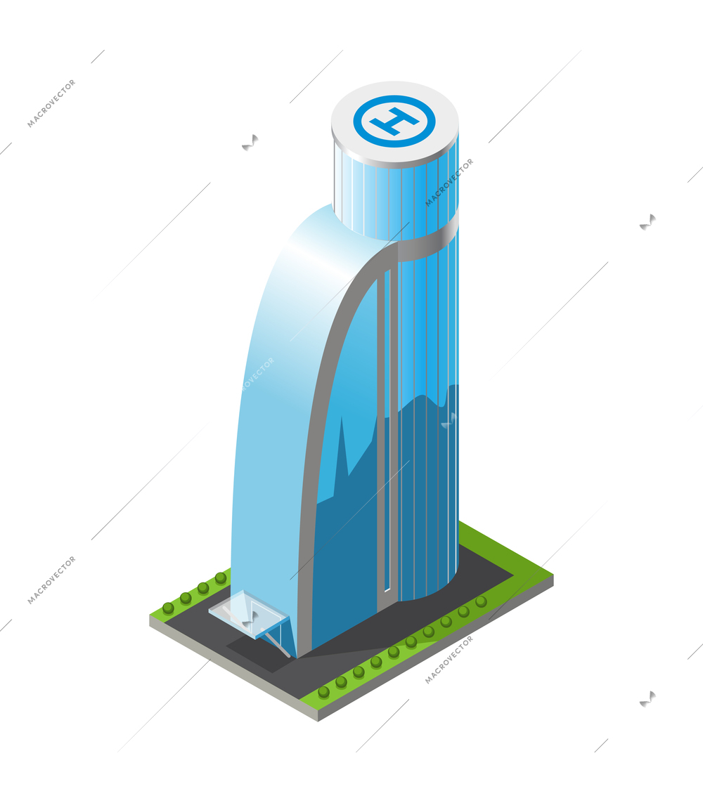 Isometric futuristic skyscraper with helipad 3d icon vector illustration