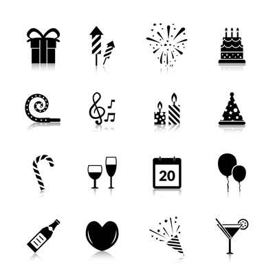 Celebration icons black set with gift box fireworks cake isolated vector illustration