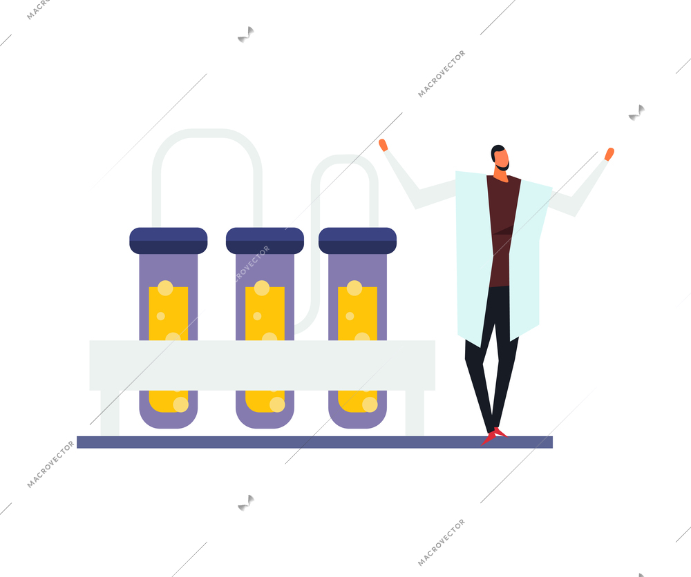 Science lab flat icon with test tubes and happy researcher character vector illustration