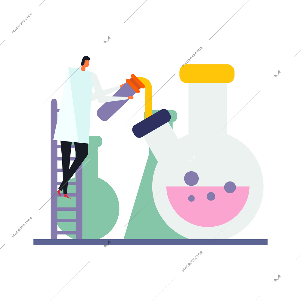 Science lab research process with flasks flat icon vector illustration