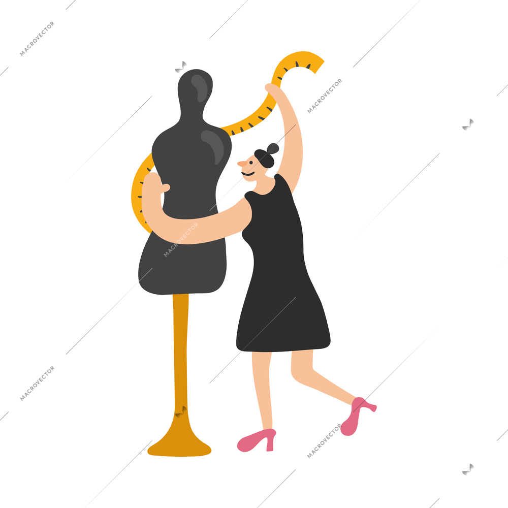 Garment factory flat icon with female worker making measurements on mannequin vector illustration