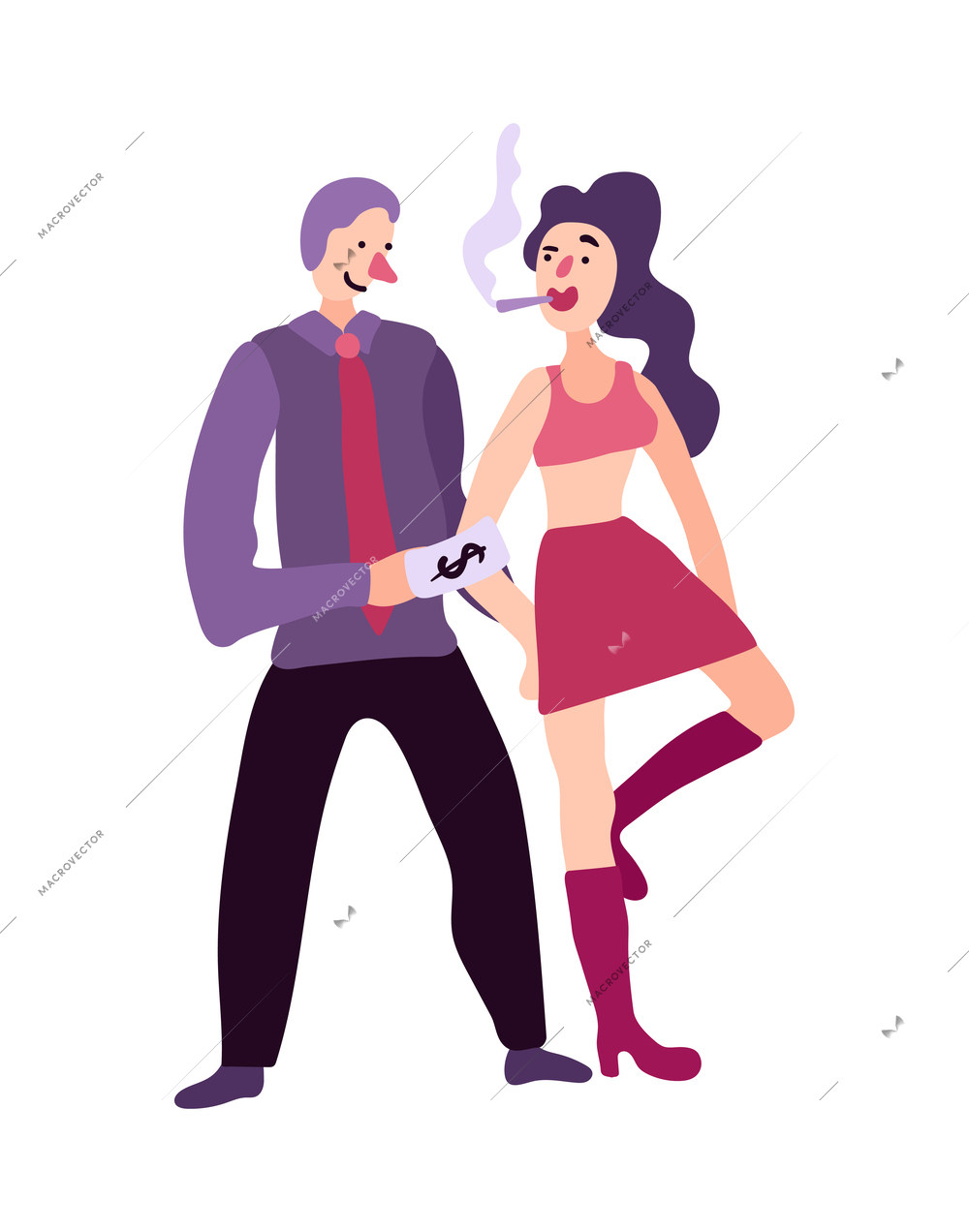 Prostitution flat concept with man giving money to smoking prostitute vector illustration