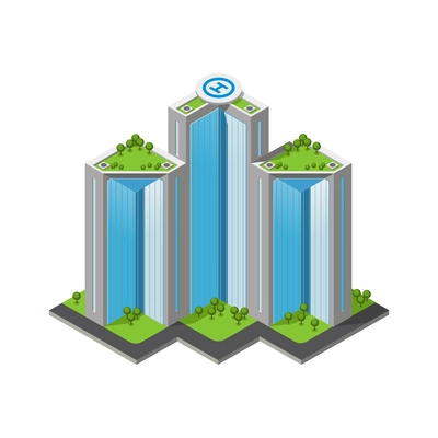 Futuristic skyscrapers with trees growing on roof and helipad isometric icon vector illustration