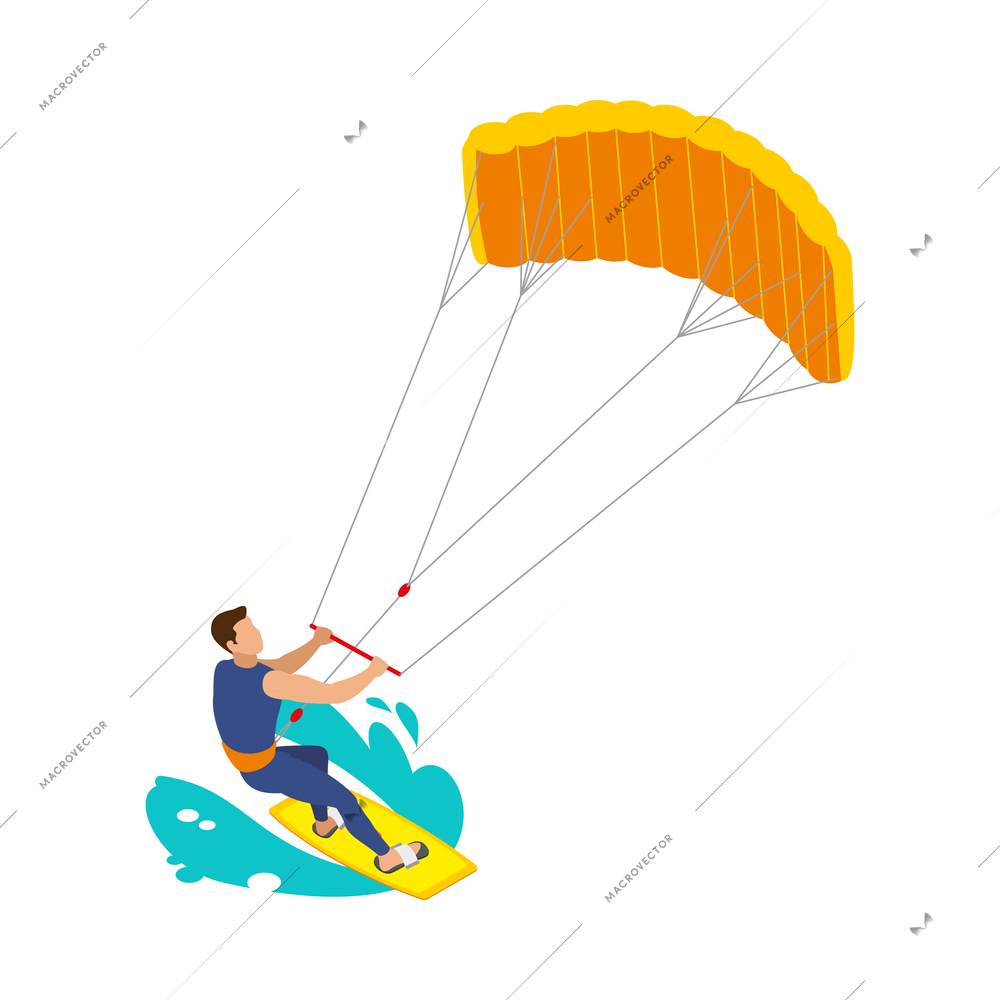 Male kite surfer riding on board isometric icon 3d vector illustration
