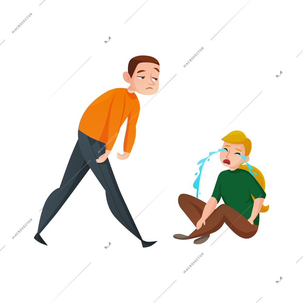 People emotions flat concept with crying woman and tired indifferent man vector illustration