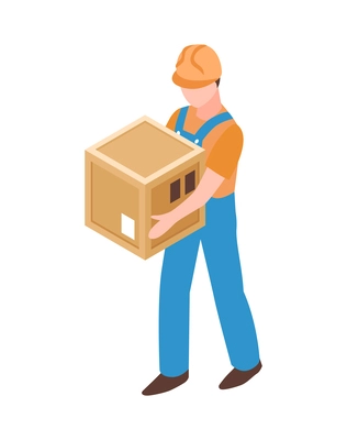 Male courier or warehouse worker carrying wooden box isometric icon vector illustration