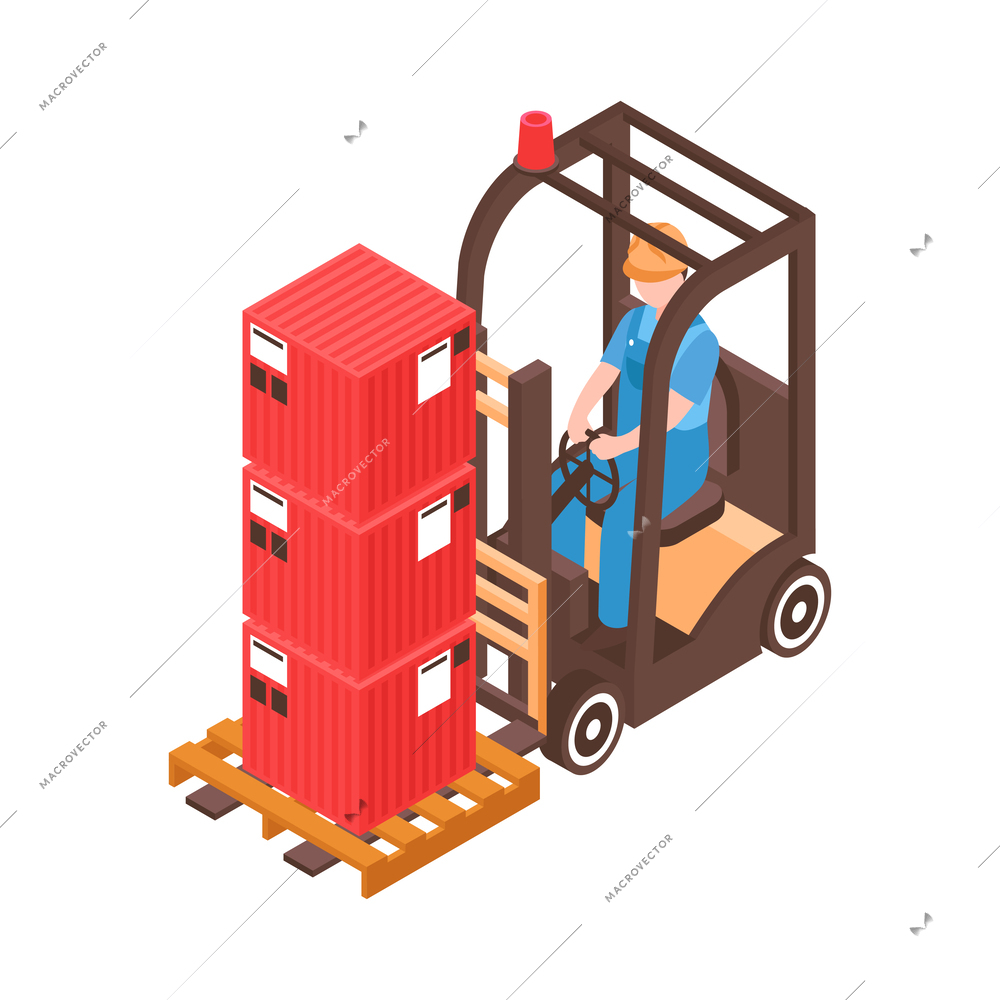 Warehouse or port worker carrying metal containers on forklift isometric icon vector illustration