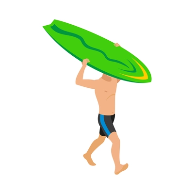 Man surfer carrying green surfboard isometric icon 3d vector illustration