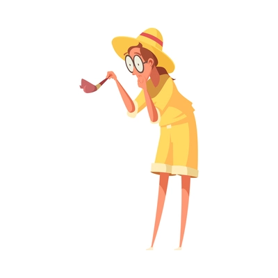 Archeologist cartoon female character looking at object through big glasses vector illustration