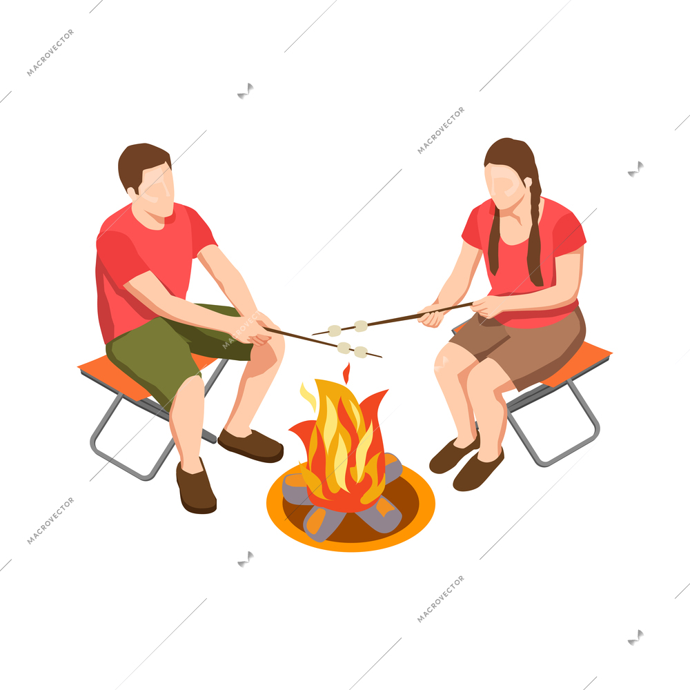 Camping isometric icon with couple roasting marshmellows vector illustration