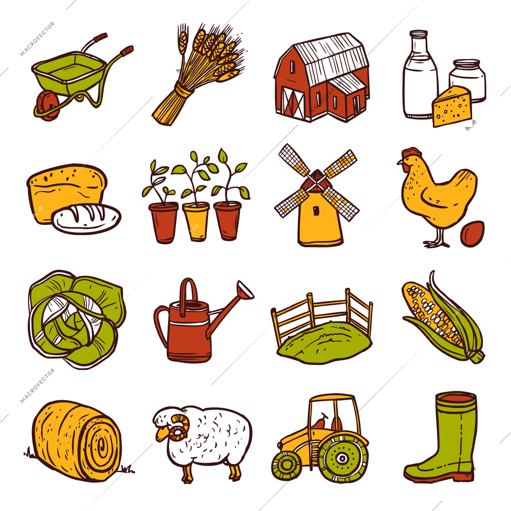 Hand drawn decorative agriculture icons set with windmill tractor wheelbarrow isolated vector illustration
