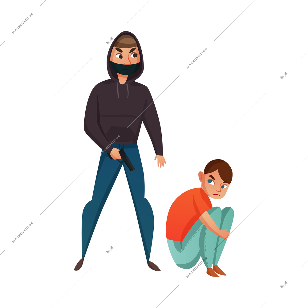 Male kidnapper threatening boy with pistol flat vector illustration