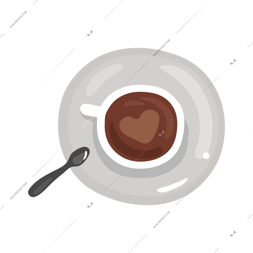 Cup of coffee on saucer with spoon top view flat icon vector illustration