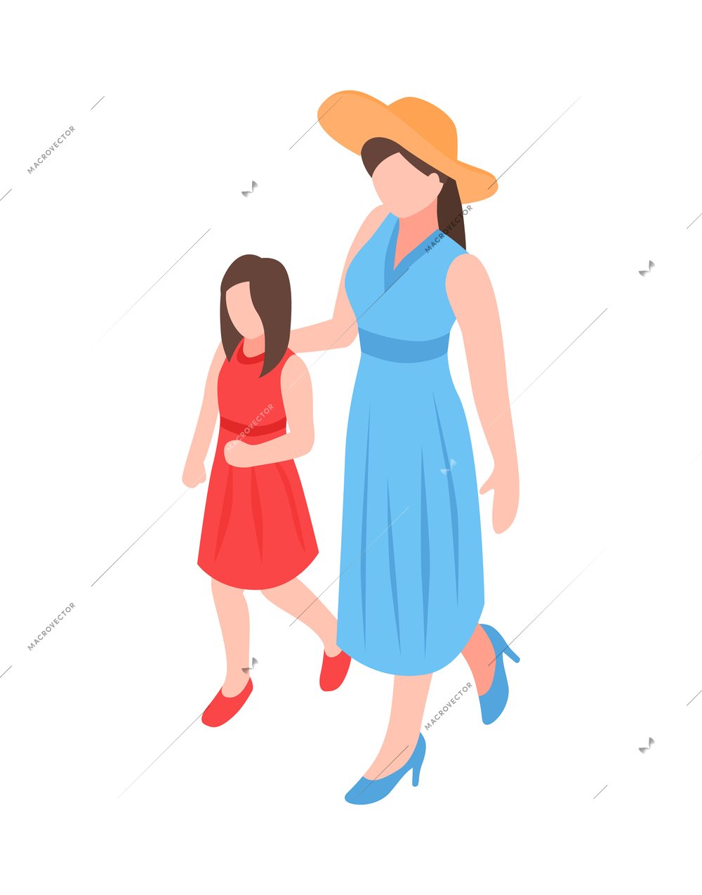 Mum walking with daughter isometric faceless human characters wearing summer clothes vector illustration