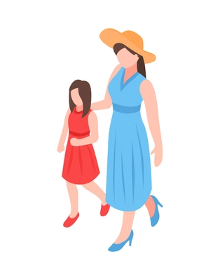 Mum walking with daughter isometric faceless human characters wearing summer clothes vector illustration