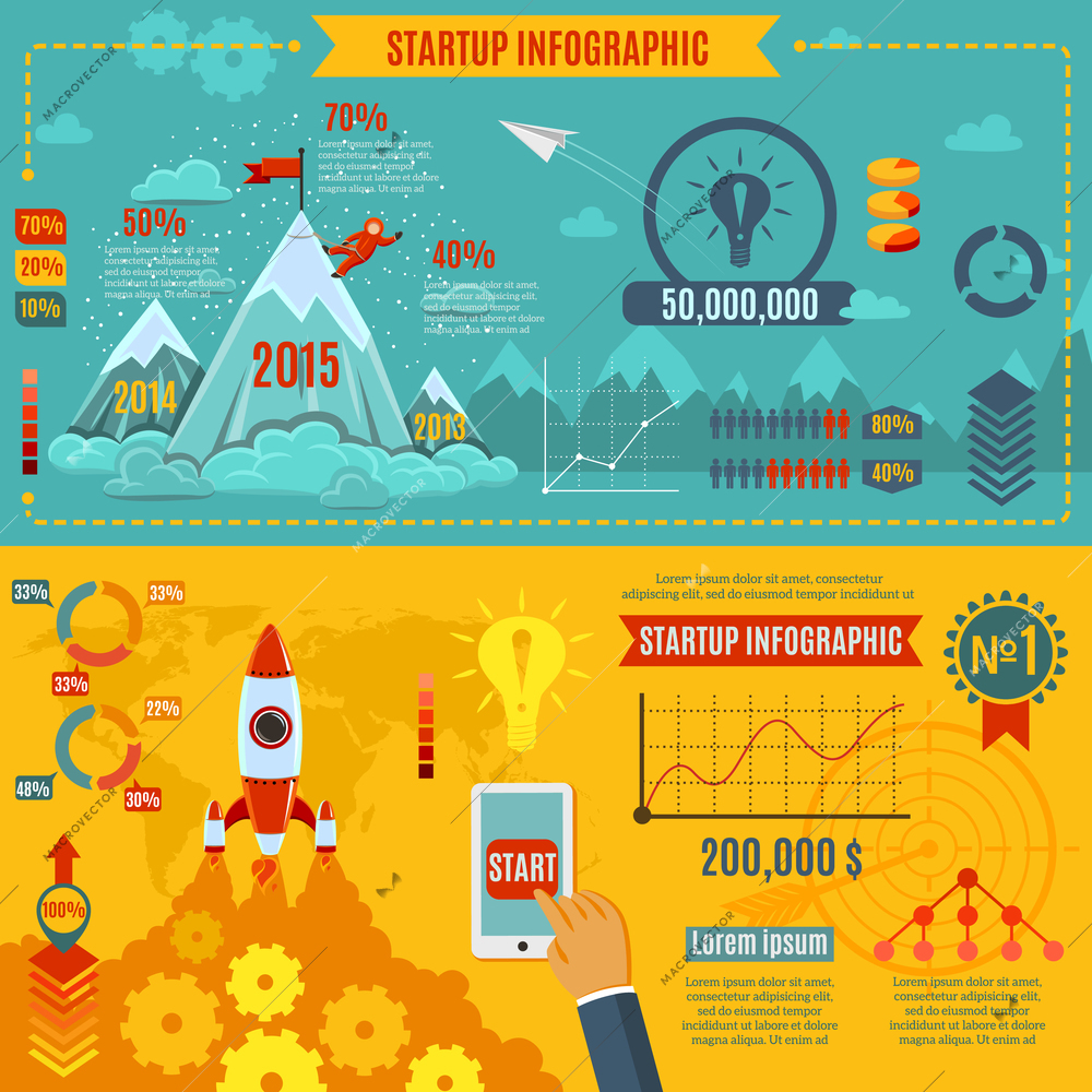 Startup infographics set with business development  market strategy charts vector illustration