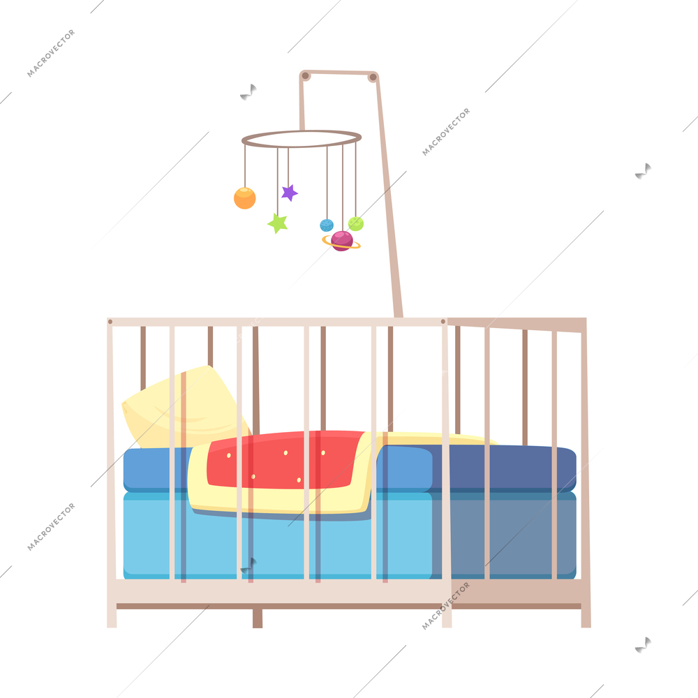 Cute cot with mobile for children room interior cartoon icon vector illustration