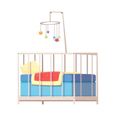 Cute cot with mobile for children room interior cartoon icon vector illustration