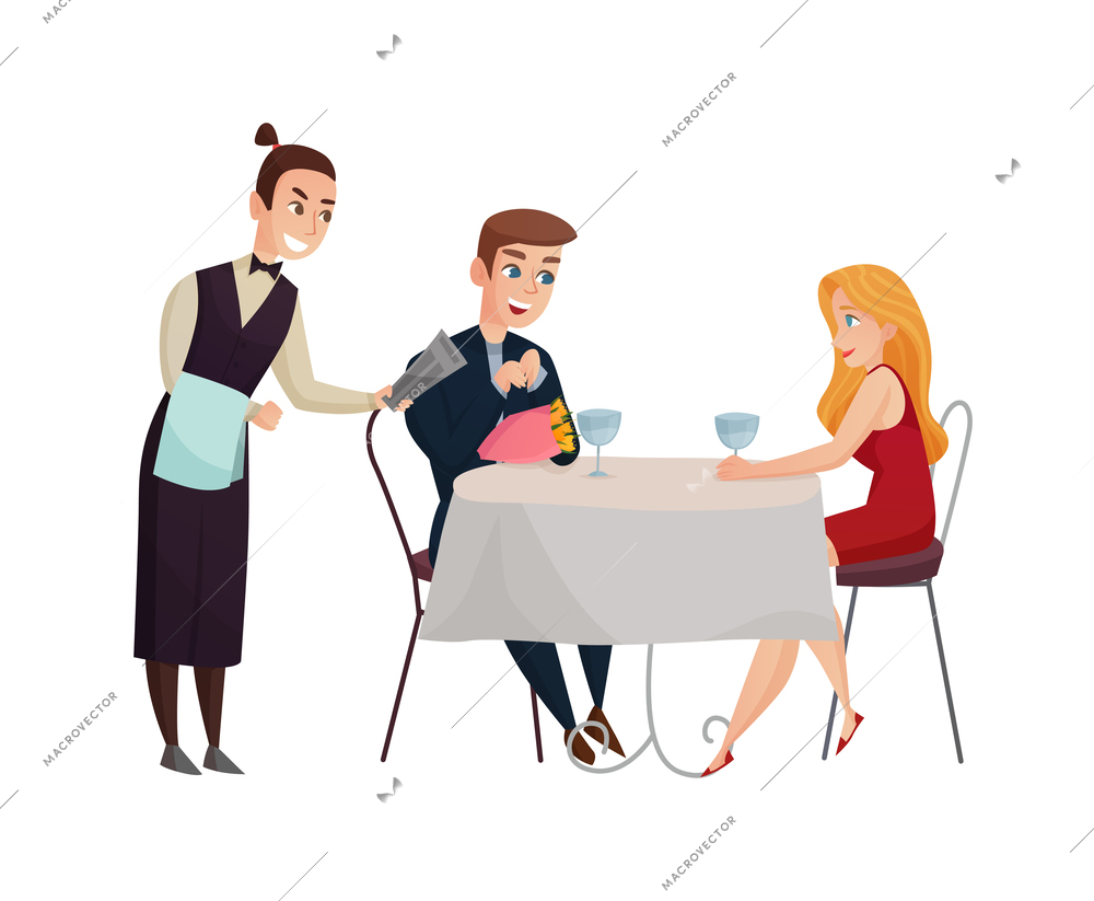 Waiter taking order from couple during romantic date at restaurant flat vector illustration
