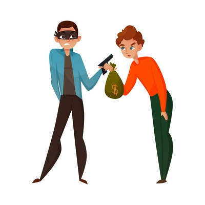 Robber with handgun making person give him money flat vector illustration