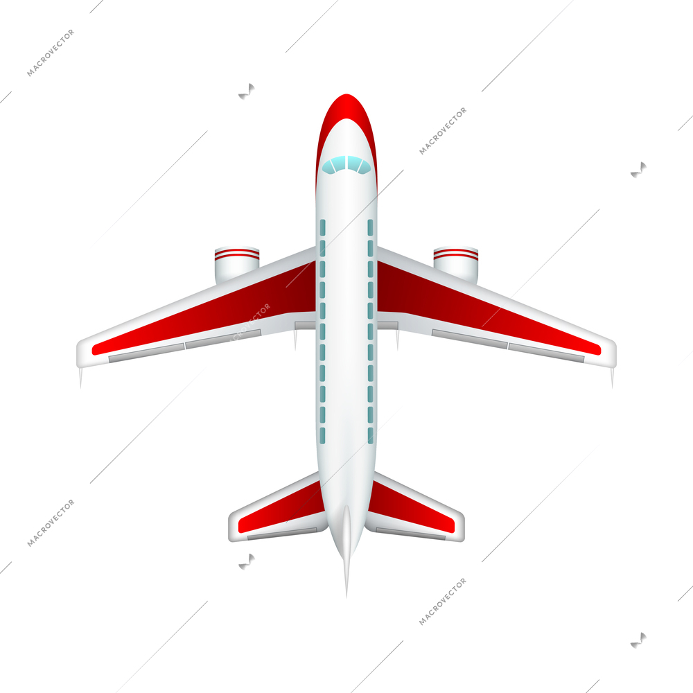 Realistic white and red passenger plane top view vector illustration