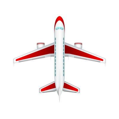 Realistic white and red passenger plane top view vector illustration