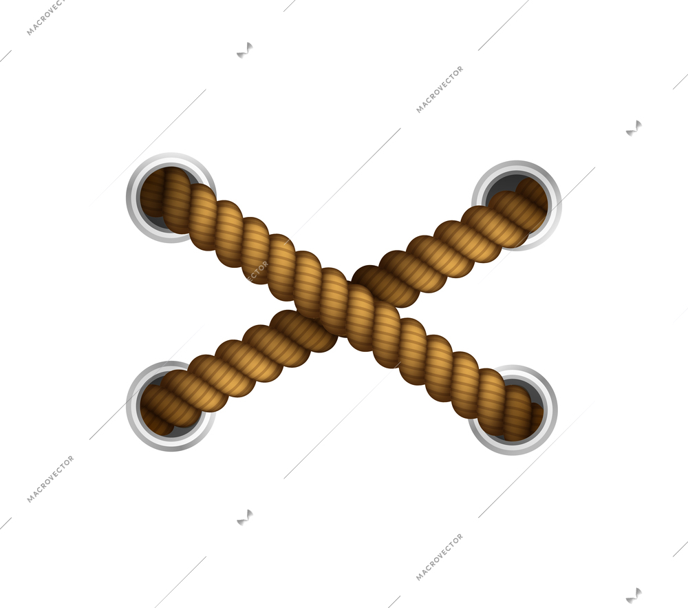 Crossed ropes with metal holes realistic decorative element vector illustration