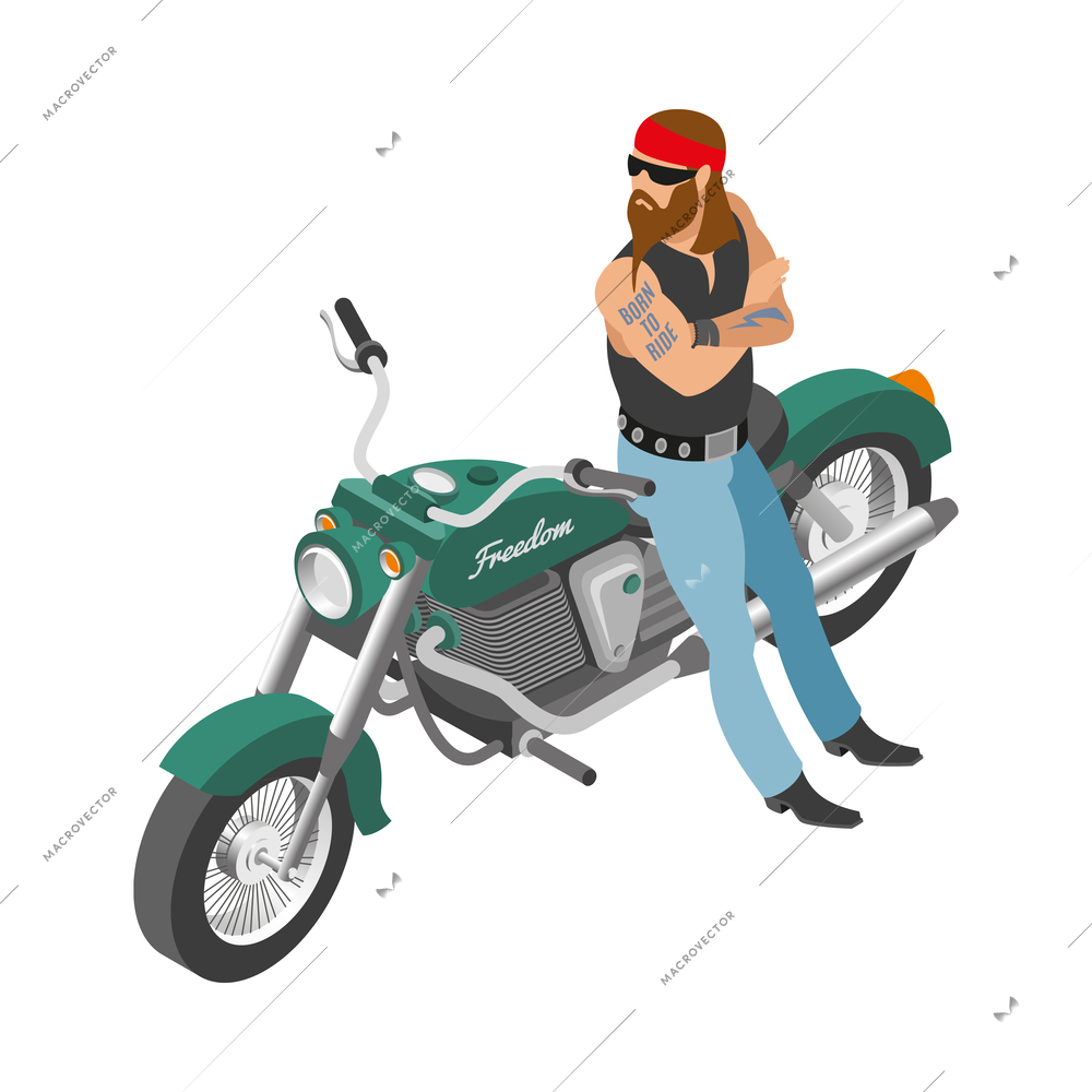 Bearded male bike with his motorbike isometric icon 3d vector illustration