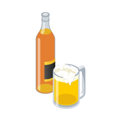 Bottle and glass of lager beer isometric icon vector illustration