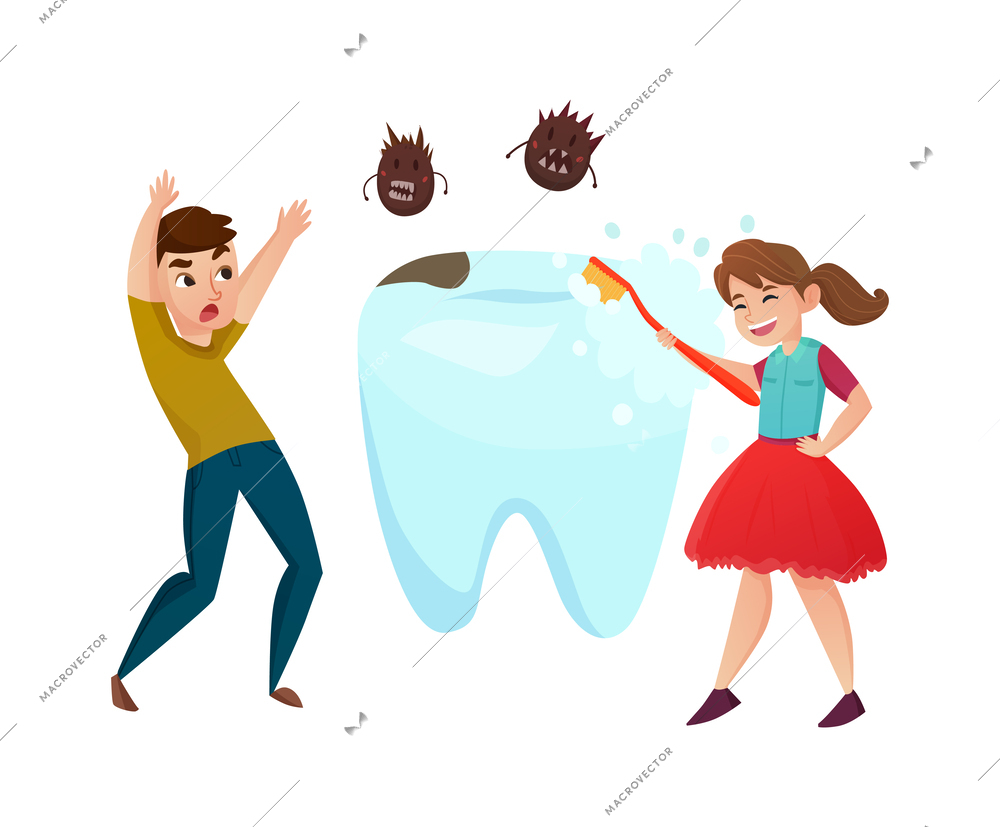 Pediatric dentistry flat concept with children protecting tooth from bacteria vector illustration