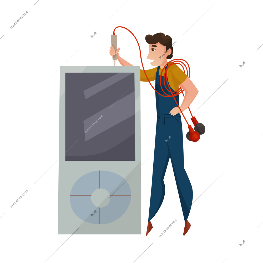 Electronics repair flat concept with male worker fixing mp3 player vector illustration