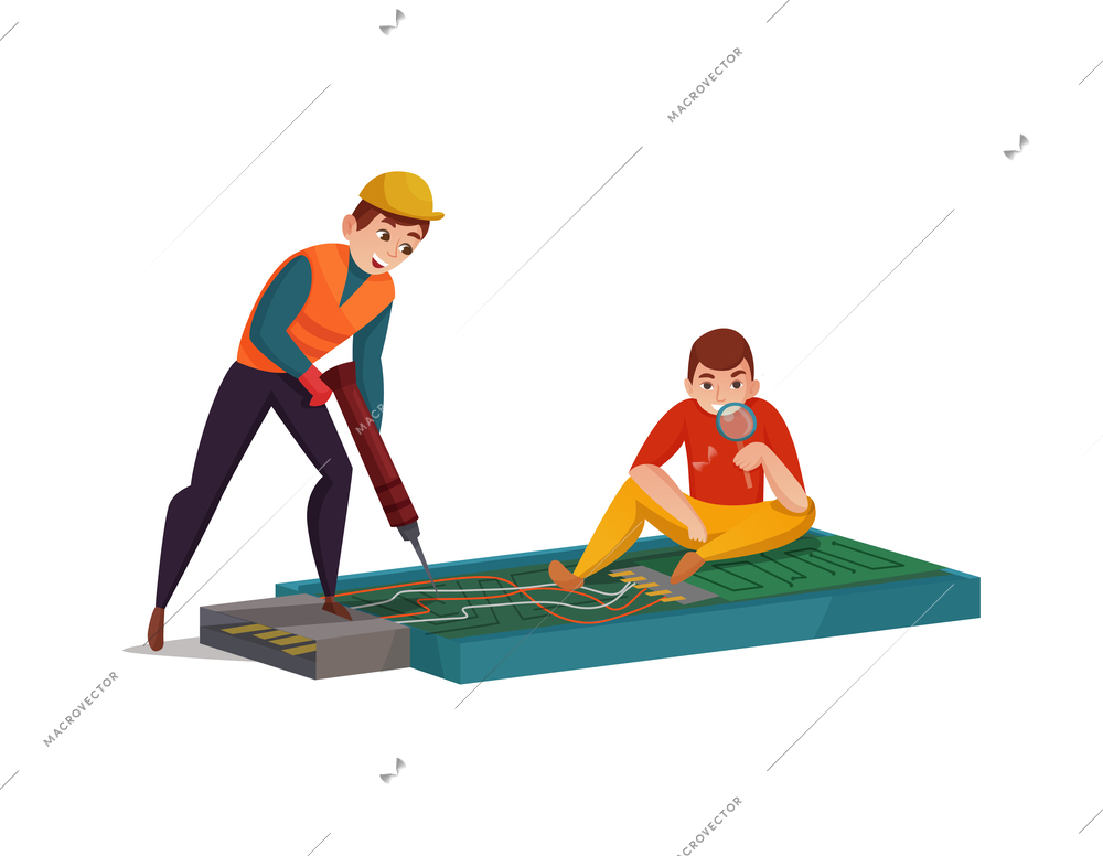 Electronics repair flat concept with two people fixing computer hardware vector illustration