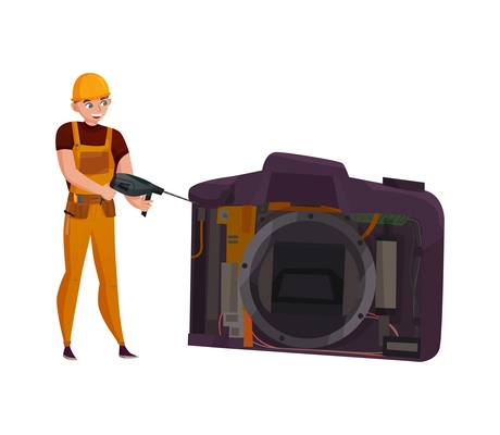 Electronics repair flat concept with male worker fixing camera vector illustration