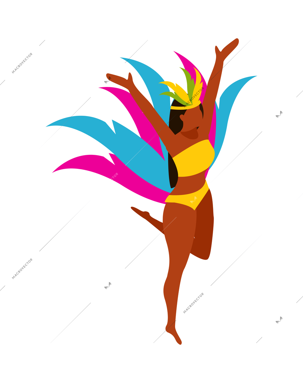 Brazilian carnival female dancer with colorful feathers isometric vector illustration