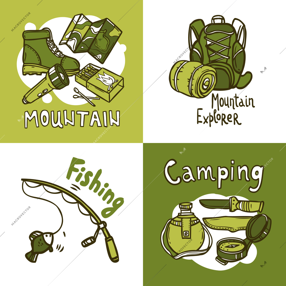 Camping design concept set with hand drawn mountain explorer and fishing icons isolated vector illustration