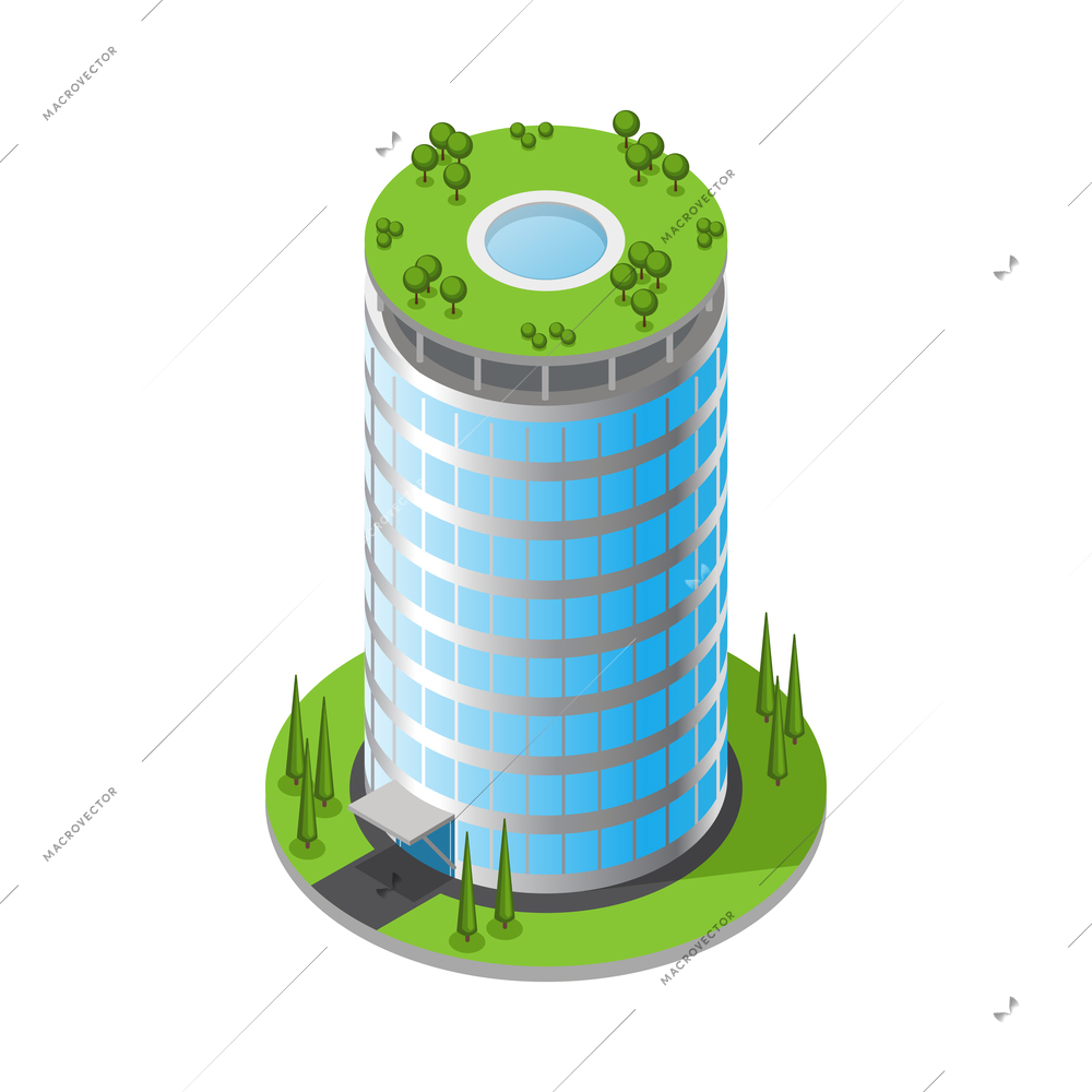 Isometric futuristic round skyscraper with green area on roof icon vector illustration