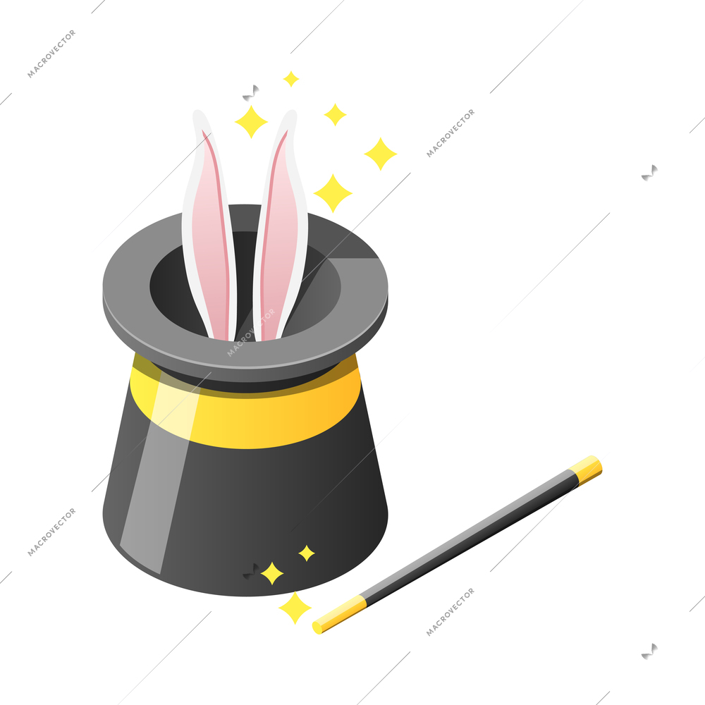 Magic wand and magician hat with white rabbit isometric icon vector illustration