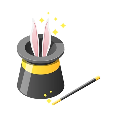 Magic wand and magician hat with white rabbit isometric icon vector illustration