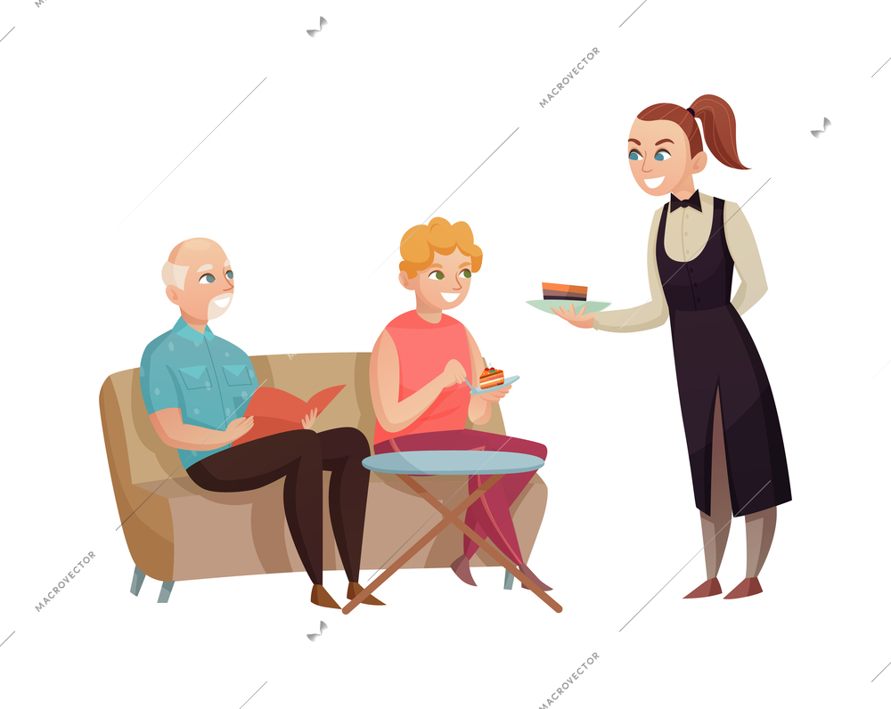 Middle aged couple eating cakes at cafe flat vector illustration