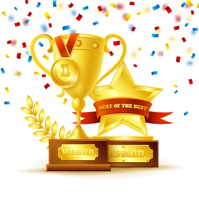 Winner cup with gold medal and star with ribbon on the white background vector illustration