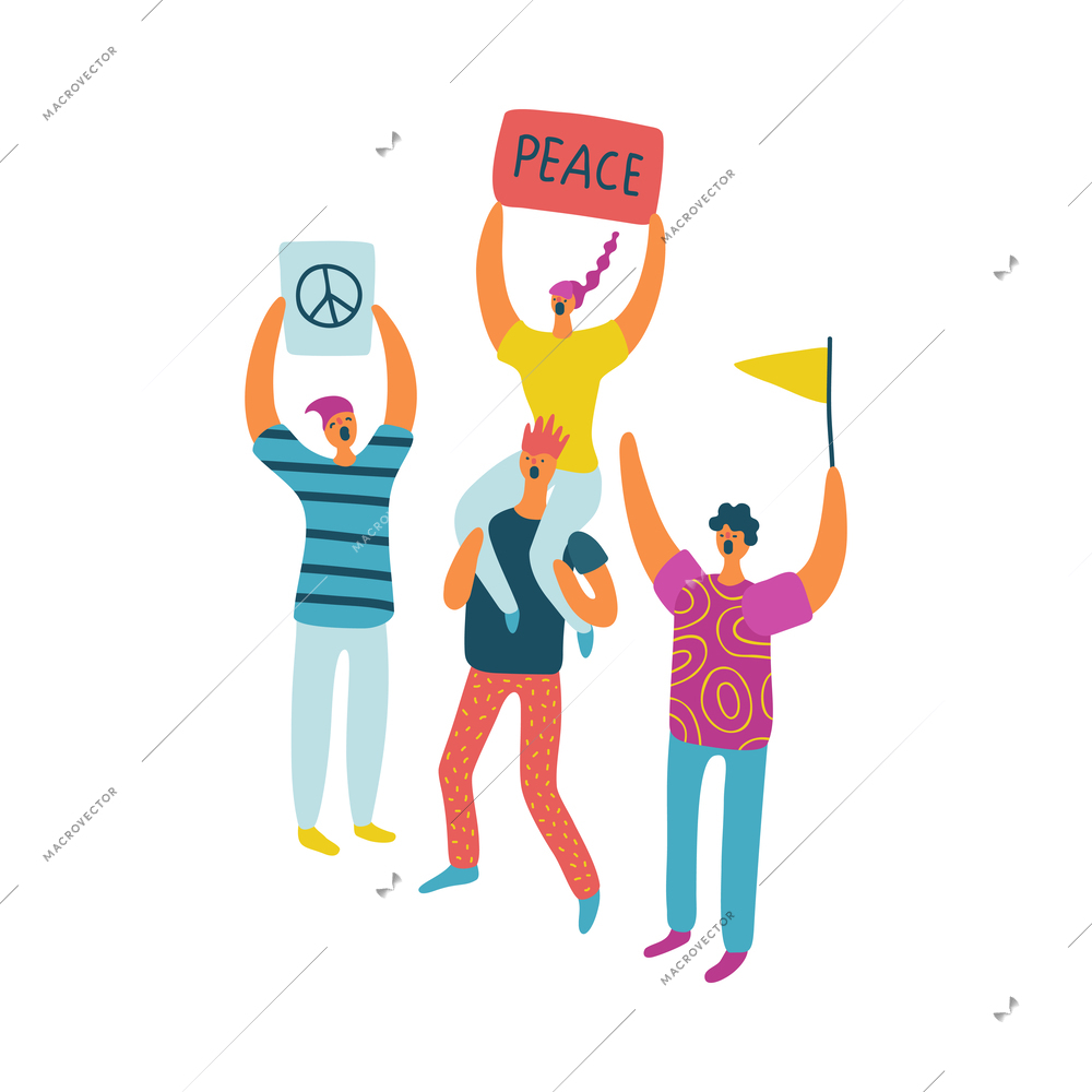 Group of protesters with placards fighting for peace flat vector illustration