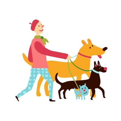 Charity volunteering helping animals flat concept with person walking with three dogs vector illustration