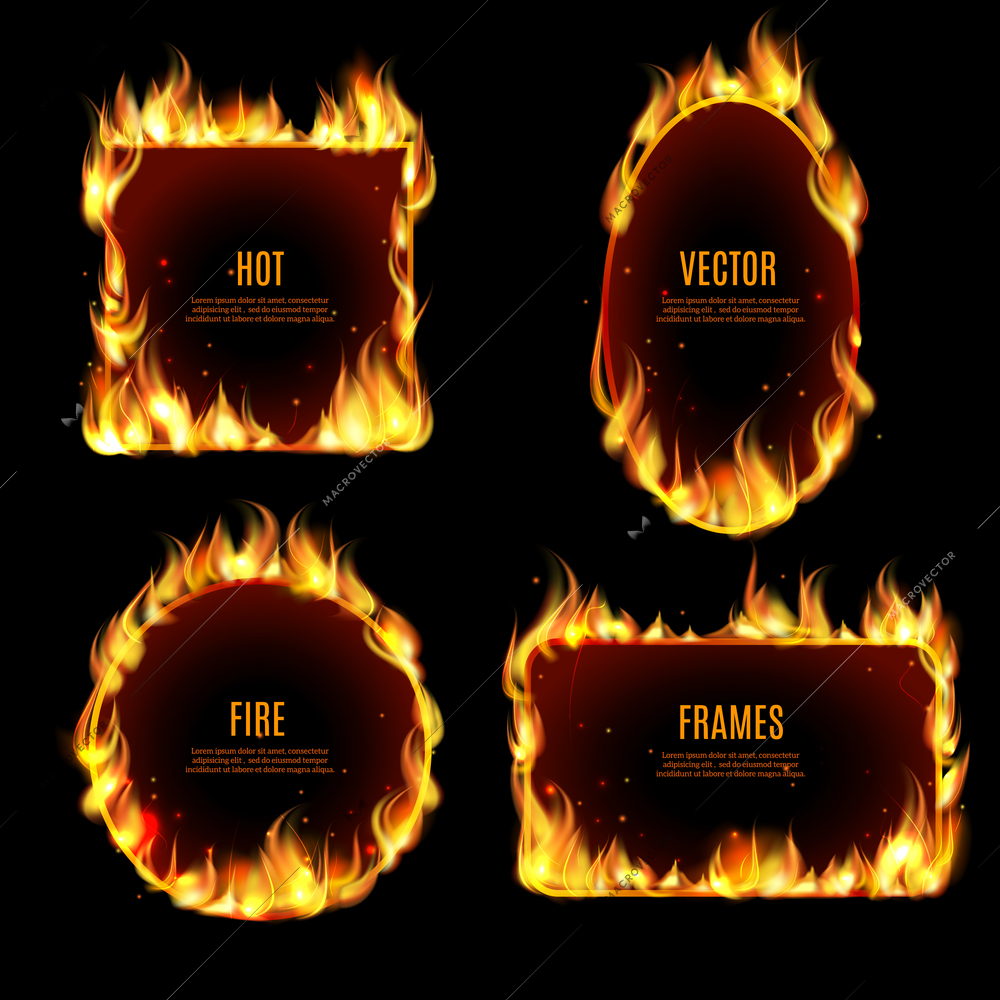 Various hot fire flame frame set on the black background with center text isolated vector illustration.