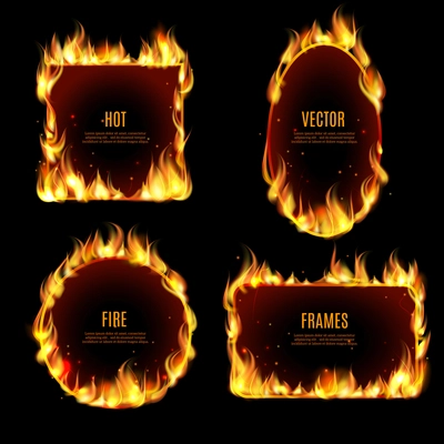 Various hot fire flame frame set on the black background with center text isolated vector illustration.